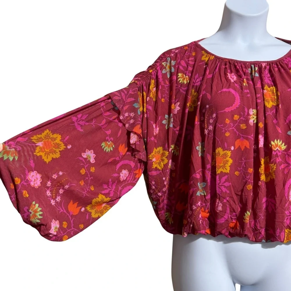 Free People Wild Honey Red Berry balloon sleeve flowy floral drop shoulder small